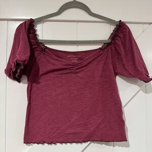 American Eagle Outfitters Rose Burgundy Off-Shoulder Puff Sleeve Crop Top